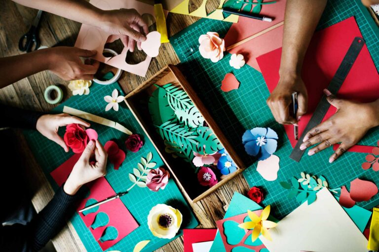 people-making-paper-flowers-craft-art-work-handicraft